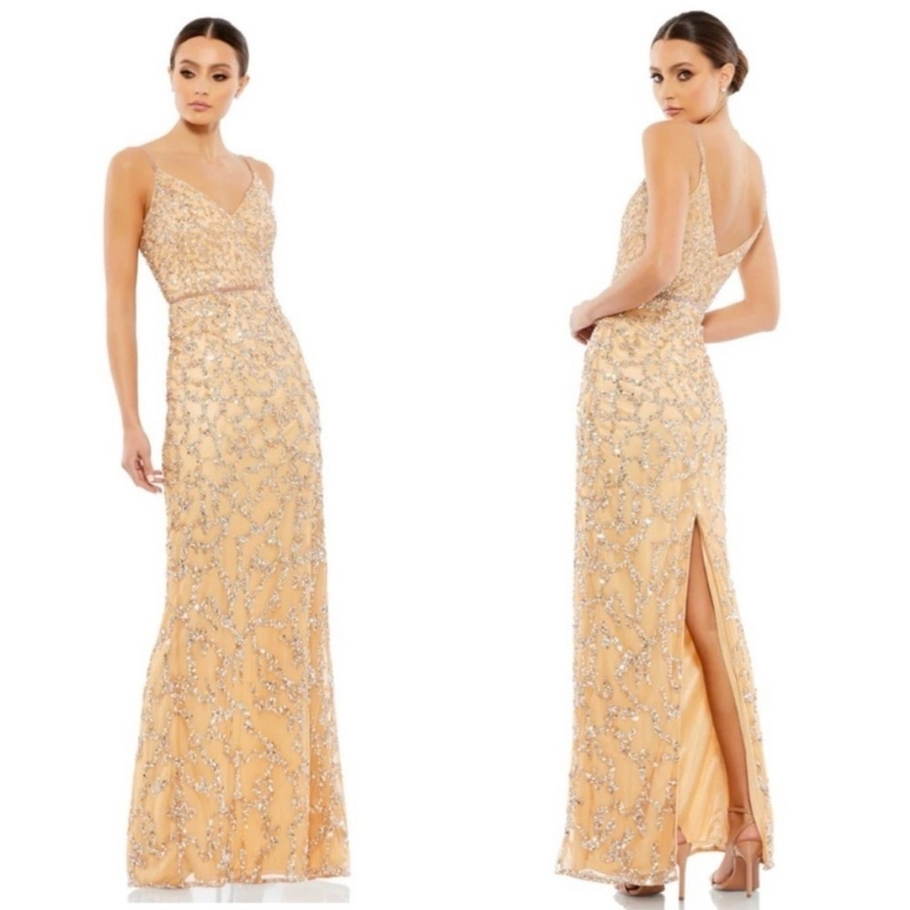 $398 NWT Mac Duggal Size 6 Gold Sleeveless V-Neck Beaded Column Gown Nude 5481
